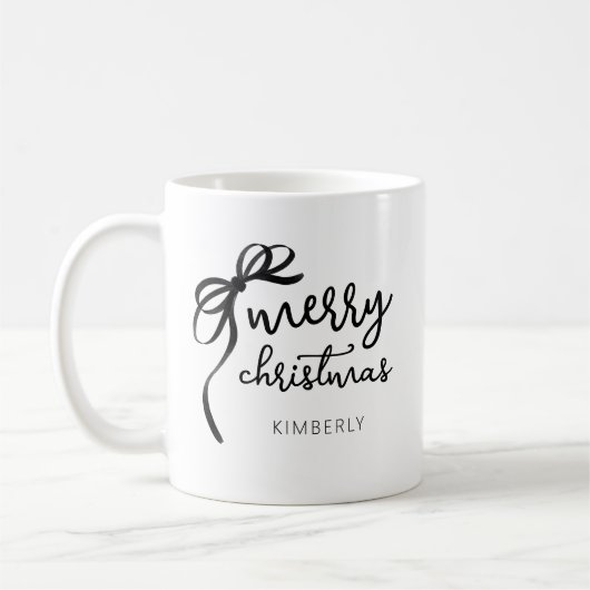 Zwart-wit script Modern Bow Merry Christmas Koffiemok (Links)