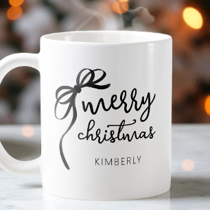 Zwart-wit script Modern Bow Merry Christmas Koffiemok