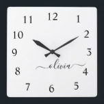 Zwart Wit Script Monogram Girly Naam Vierkante Klok<br><div class="desc">Zwart-wit Script Monogram Naam Klok. Dit maakt de perfecte lieve 16 verjaardags-,  bruiloft-,  vrijgezellenfeest-,  jubileum-,  baby shower- of vrijgezellenfeestcadeau voor iemand die van glamluxe en chique stijlen houdt.</div>