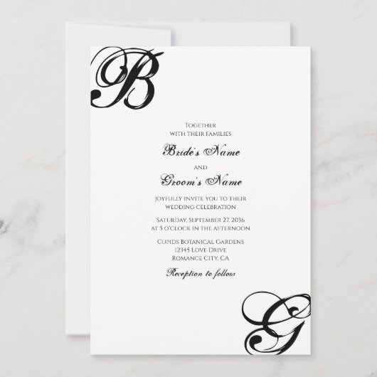 Zwart & Wit Script Monogram Huwelijk Kaart (Voorkant)