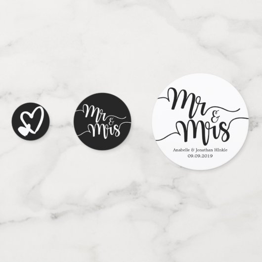 Zwart-wit script Mr. en Mrs. Hearts bruiloft Confetti (Voorkanten)