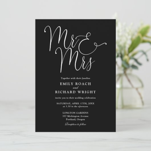 Zwart-wit script Mr en Mrs Photo Wedding Kaart (Staand voorkant)