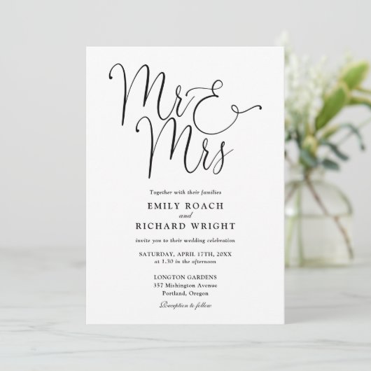 Zwart-wit script Mr en Mrs Photo Wedding Kaart (Staand voorkant)