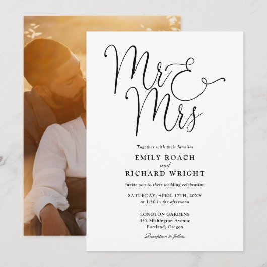 Zwart-wit script Mr en Mrs Photo Wedding Kaart (Voorkant / Achterkant)