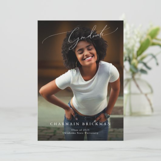 Zwart-wit script Photo Collage Afstuderen Kaart (Staand voorkant)