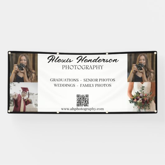 Zwart & Wit Script QR Code 4 Foto Fotograaf Spandoek (Horizontaal)