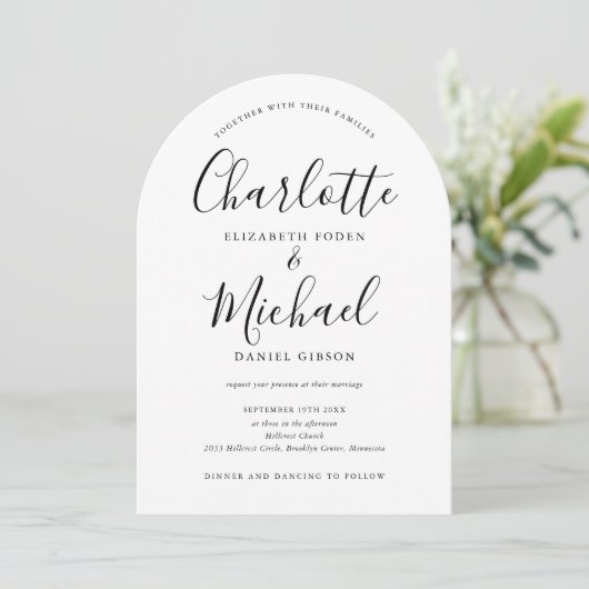 Zwart-wit script QR Code Arch Wedding Kaart (Staand voorkant)