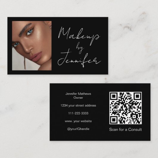 Zwart Wit Script QR Code Foto Make-up Visitekaartje (Voorkant / Achterkant)