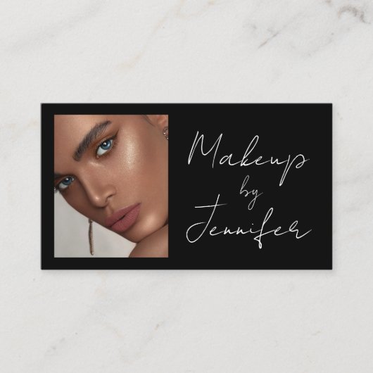 Zwart Wit Script QR Code Foto Make-up Visitekaartje (Voorkant)