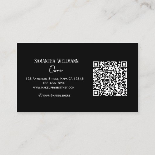 Zwart Wit Script QR Code Make-up Visitekaartje (Achterkant)