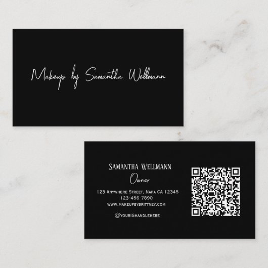 Zwart Wit Script QR Code Make-up Visitekaartje (Voorkant / Achterkant)
