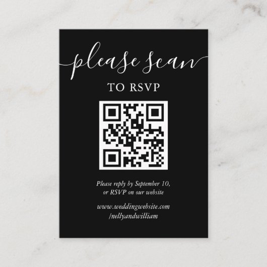 Zwart-wit Script RSVP QR Code Foto Informatiekaartje (Voorkant)