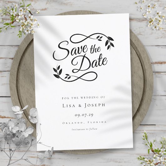 Zwart-wit script save the date bruiloft kaart