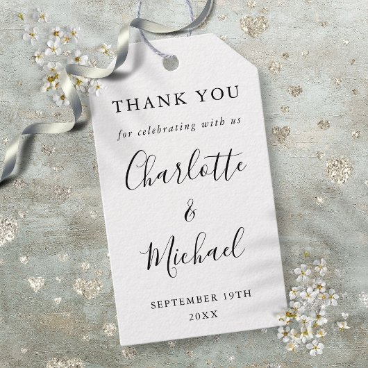 Zwart-wit script trouwgeschenk bedankje cadeaulabel