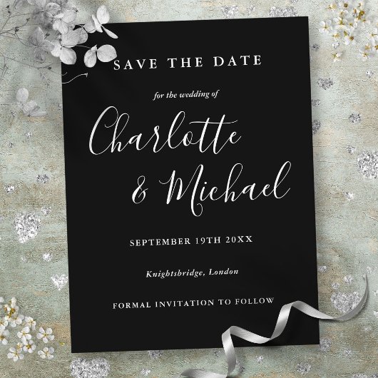 Zwart-wit script trouwkaart 'Save the Date' Briefkaart