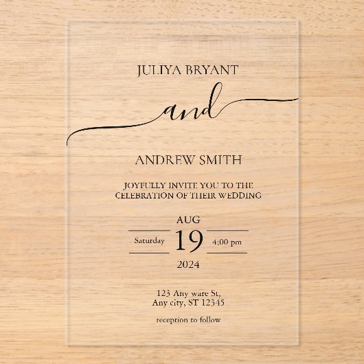 Zwart-wit Script typografie bruiloft Acryl Uitnodigingen (Voorkant)