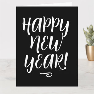 Zwart-wit script typografie Gelukkig Nieuwjaar Kaart