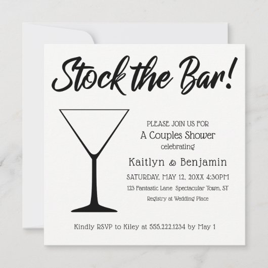 Zwart/Wit Script Voorraad de Bar Couples Douche Kaart (Voorkant)