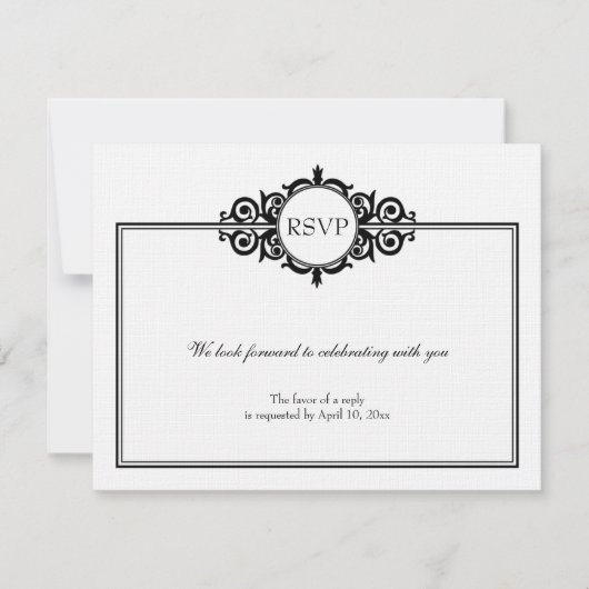 Zwart-wit scrollende Victoriaanse bruiloft RSVP-re RSVP Kaartje (Voorkant)