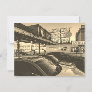 Zwart-wit Seattle Pike Market met Auto's Briefkaart