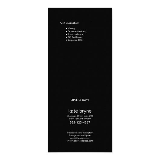 Zwart wit Sequin Beauty Price List Service Menu (Achterkant)
