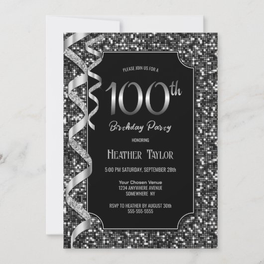 Zwart Wit Sequins 100e Verjaardagsfeestje Kaart (Voorkant)
