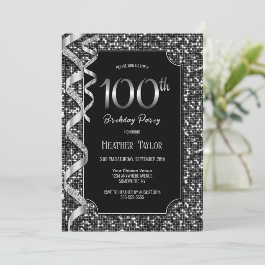 Zwart Wit Sequins 100e Verjaardagsfeestje Kaart (Staand voorkant)