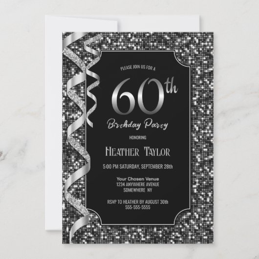 Zwart Wit Sequins 60e Verjaardagsfeestje Kaart (Voorkant)