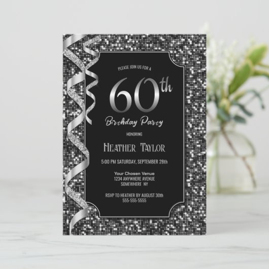 Zwart Wit Sequins 60e Verjaardagsfeestje Kaart (Staand voorkant)