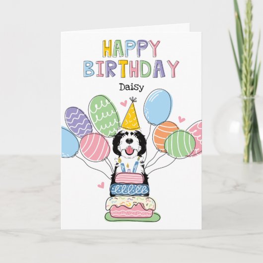Zwart & Wit Sheepadoodle Hond Gelukkige Verjaardag Kaart (Voorkant)