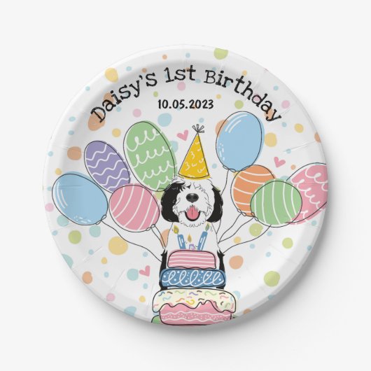 Zwart & Wit Sheepadoodle Hond Verjaardag Papieren Bordje (Voorkant)