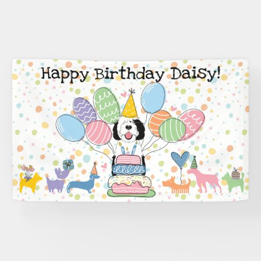 Zwart & Wit Sheepadoodle Hond Verjaardagsfeest Spandoek (Horizontaal)