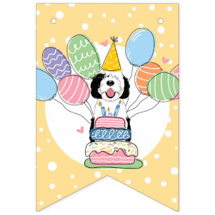 Zwart & Wit Sheepadoodle Hond Verjaardagsfeest Vlaggetjes