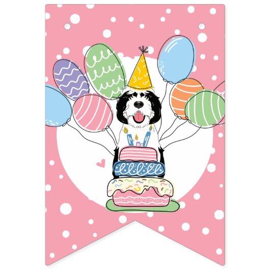 Zwart & Wit Sheepadoodle Hond Verjaardagsfeest Vlaggetjes (Eerste vlag)