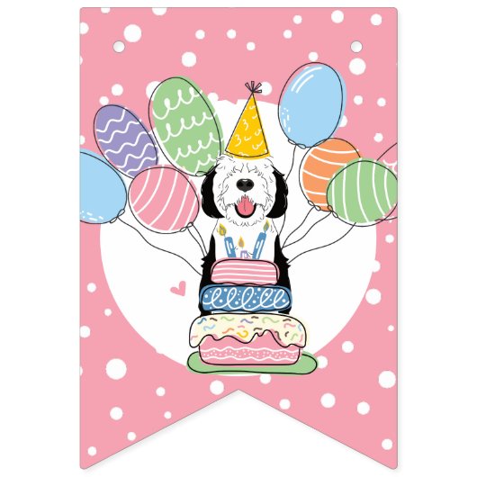 Zwart & Wit Sheepadoodle Hond Verjaardagsfeest Vlaggetjes (Eerste vlag)