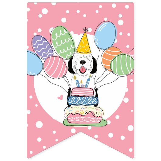 Zwart & Wit Sheepadoodle Hond Verjaardagsfeest Vlaggetjes (Eerste vlag)