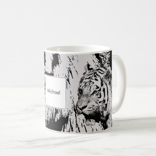 Zwart-wit Siberische tijger, monogram afdruknaam Koffiemok (Voorkant rechts)