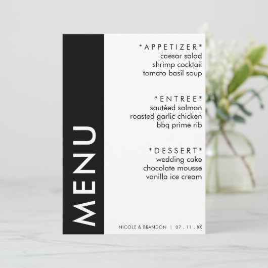 Zwart & Wit Side Stripe Bruiloft Receptie Menu (Staand voorkant)