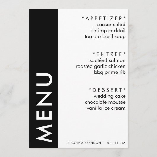 Zwart & Wit Side Stripe Bruiloft Receptie Menu (Voorkant)
