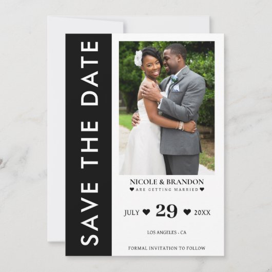 Zwart & Wit Side Stripe Bruiloft Save The Date (Voorkant)