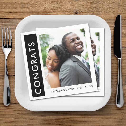 Zwart & Wit Side Stripe Foto Gefeliciteerd Bruilof Servet