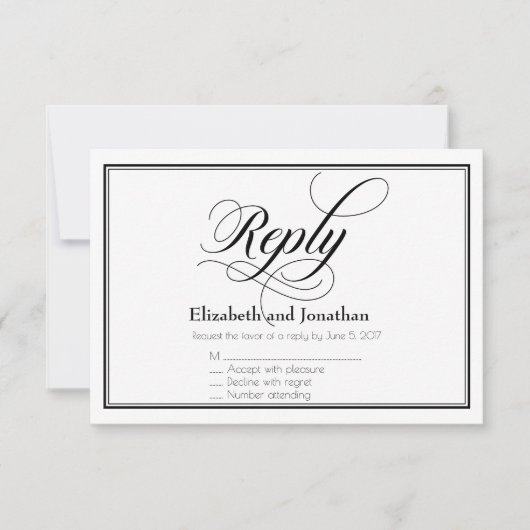 Zwart & Wit sierlijk script trouwkaart antwoordkaa Kaart (Voorkant)