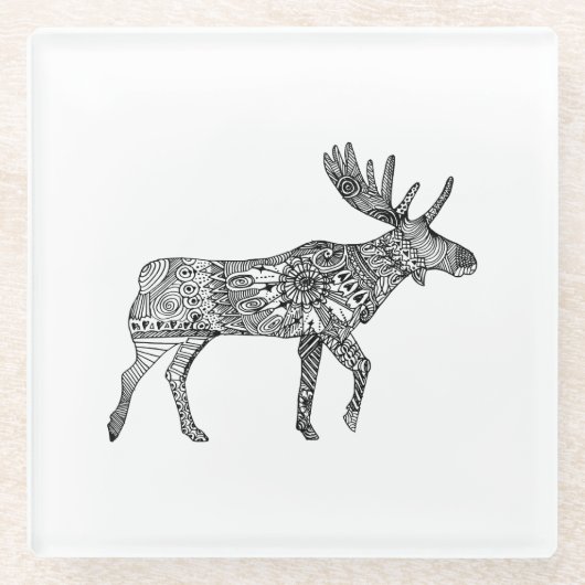 Zwart & Wit Sierlijke Wandelende Moose Silhouet Glazen Onderzetter (Voorkant)