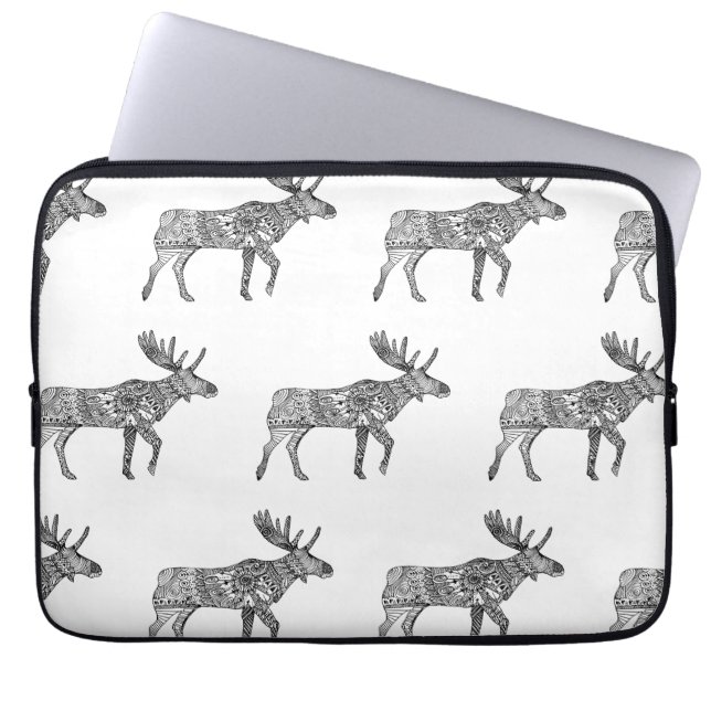 Zwart & Wit Sierlijke Wandelende Moose Silhouet Laptop Sleeve (Voorkant)