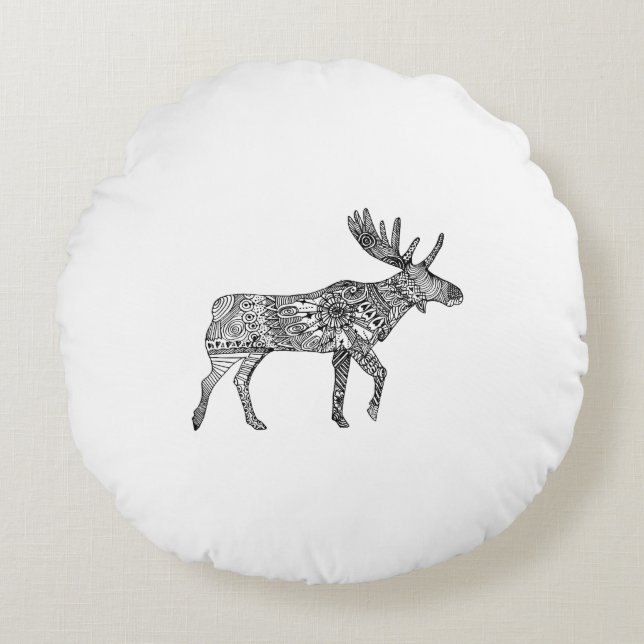 Zwart & Wit Sierlijke Wandelende Moose Silhouet Rond Kussen (Voorkant)
