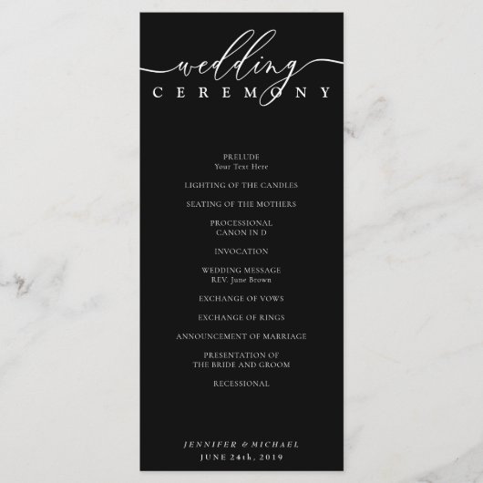 Zwart-wit Signature Bruiloftsfeest Ceremonie Programmakaart (Voorkant)