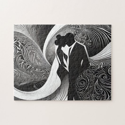 Zwart & Wit Silhouet Elegant Paar in Liefde Legpuzzel (Horizontaal)