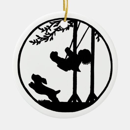 Zwart-wit silhouet, jongen, zwaai, hond keramisch ornament (Voorkant)