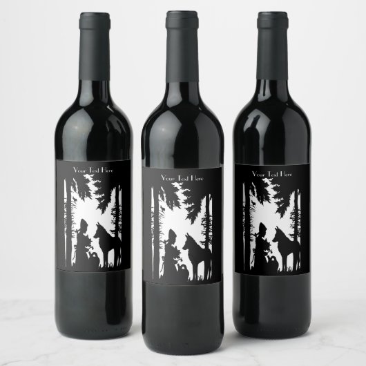 Zwart Wit Silhouet Rijden Hood Wolf in Bossen Wijn Etiket (Flessen)