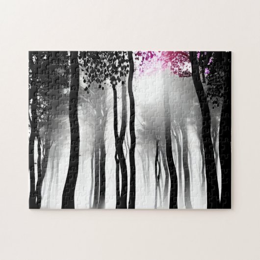Zwart-wit Silhouetbos en Tiny Paarse Legpuzzel (Horizontaal)